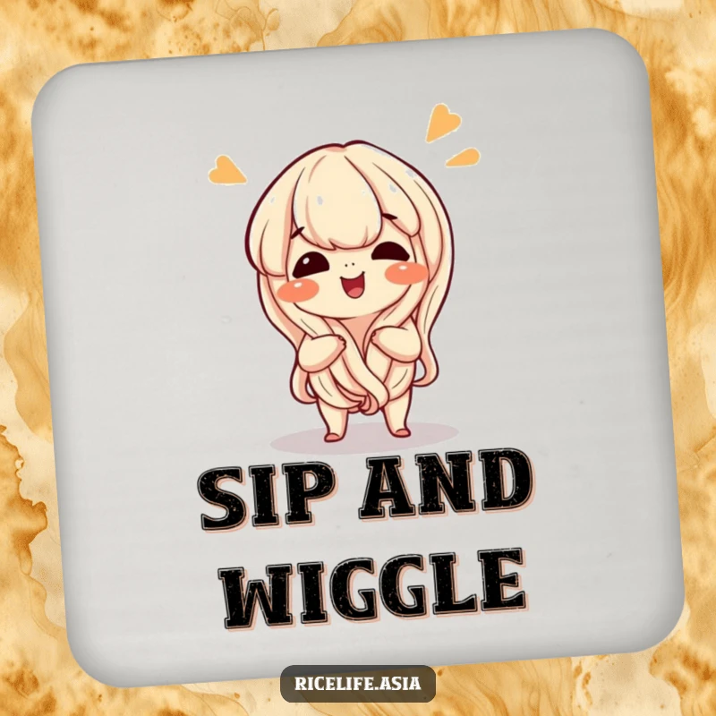 Funny drink coaster with a cheerful, giggling cartoon noodle in a playful wiggle, protecting surfaces with humor.