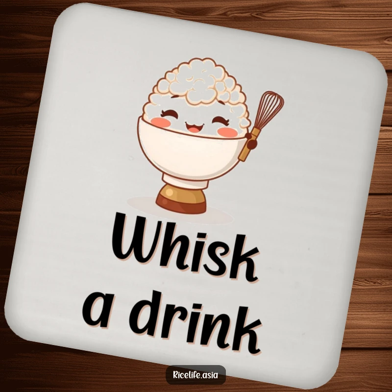 Funny Rice Bowl Whisk Coaster: A giggling bowl of rice character balances a tiny whisk, protecting surfaces with humorous cheer.