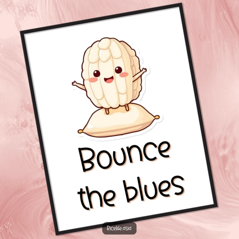 Funny Bouncing Rice Poster: A smiling grain of rice character happily bounces on a cushion, vibrant wall art for a funny gift.