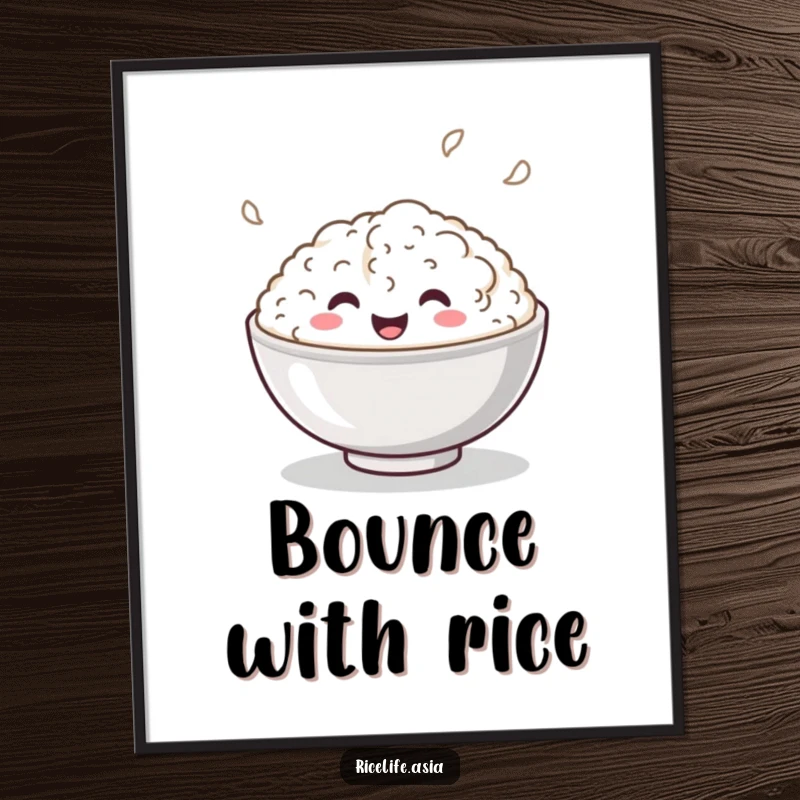 Funny Poster: A vibrant illustration of a smiling bowl of rice playfully bouncing with infectious, happy energy.