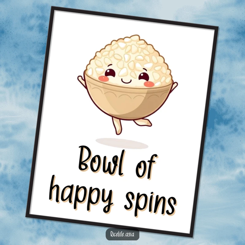 Funny poster art of a happy cartoon bowl of rice gracefully pirouetting, bringing delightful movement to decor.