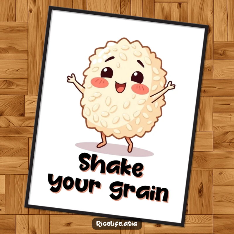 Funny poster featuring a happy grain of rice in a dynamic salsa dance pose, radiating energy and comedic rhythm for your walls.