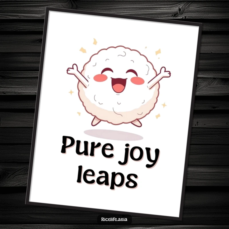 Funny poster featuring a cheerful rice ball in a dynamic leaping pose, radiating pure joy and infectious energy for vibrant wall decor.