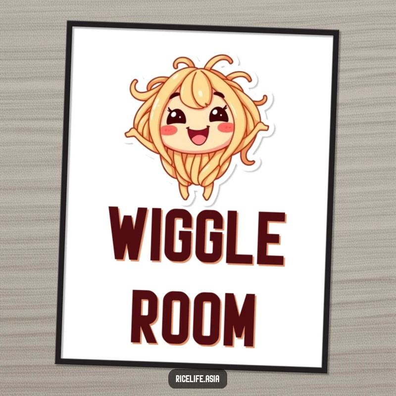 Funny poster showcasing a smiling noodle character wiggling with infectious excitement, bringing energetic fun to any wall.