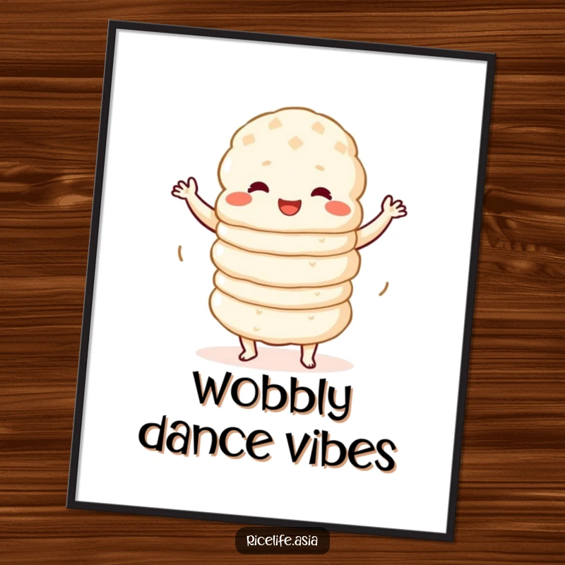 Funny Poster: A vibrant illustration of a cheerful stack of rice cakes performing a hilarious, wobbly dance with infectious energy.