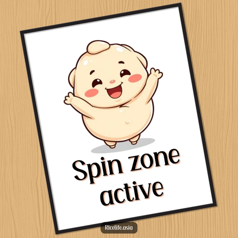 Funny poster showcasing a happy dumpling character mid-spin, bringing lively energy and a touch of whimsy to any wall.