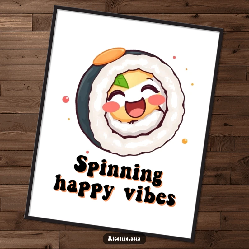 Funny Poster: A vibrant illustration of a delighted sushi roll spinning with infectious joy and a happy, energetic vibe.