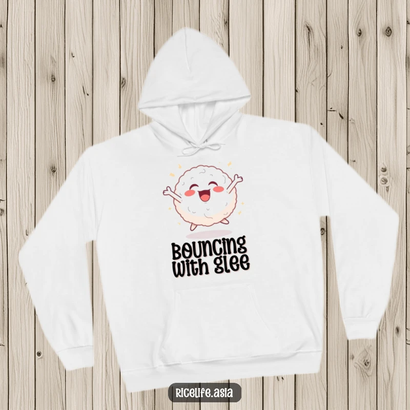 Funny hoodie depicting a cheerful rice ball in a joyful leaping pose, offering warmth and a contagious sense of buoyant happiness.