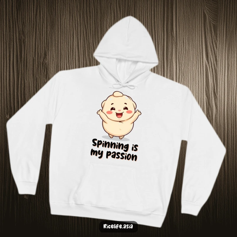 Funny hoodie displaying a happy dumpling character in a delightful spin, perfect for staying warm and cheerful.