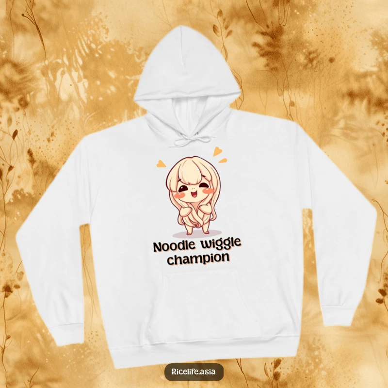 Funny hoodie showcasing a happy, giggling cartoon noodle performing a playful wiggle, radiating warmth and humor.