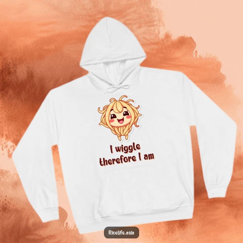 Funny hoodie featuring a smiling noodle character wiggling with excitement, perfect for staying warm and cheerful.
