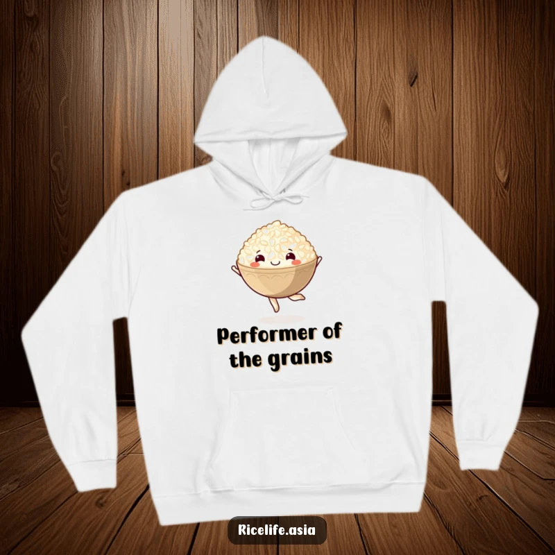 Funny hoodie with a delighted cartoon bowl of rice in a happy pirouette, offering cozy and humorous warmth.