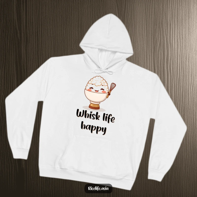 Funny Rice Bowl Whisk Hoodie: A giggling bowl of rice character balances a tiny whisk, offering warmth and funny kitchen vibes.