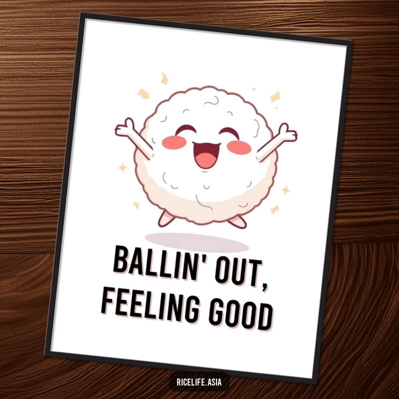 Funny Free Printable Wall Art: Cheerful rice ball captured mid-leap with pure joy and energy.