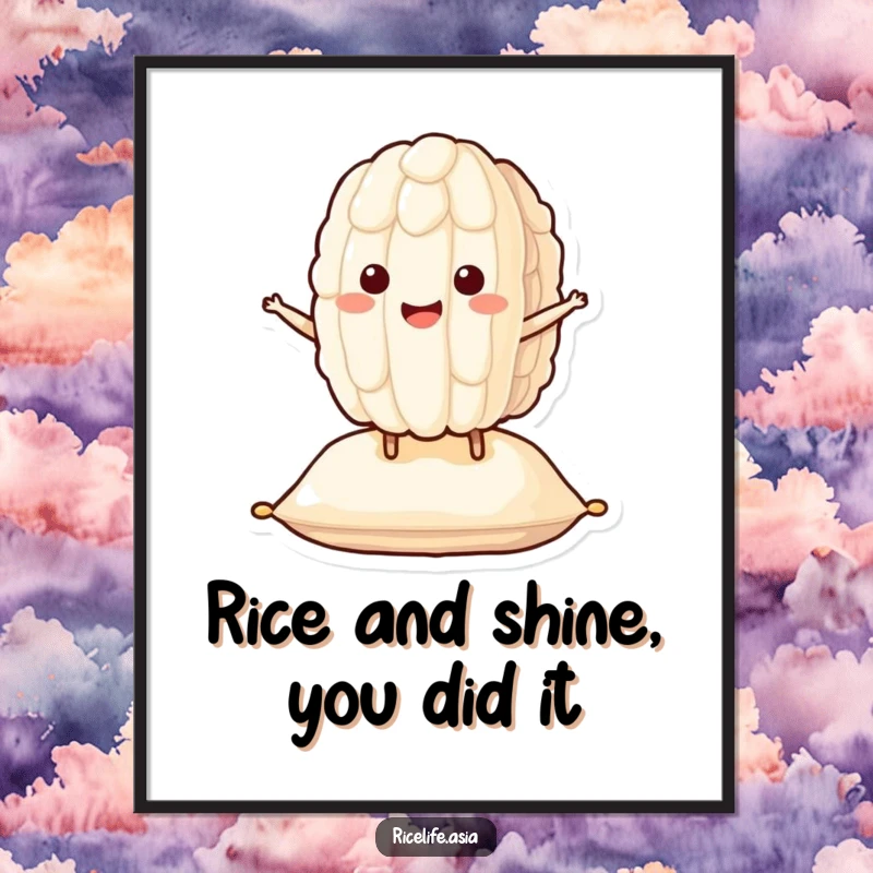 Funny Free Printable Wall Art of a smiling rice grain character bouncing happily on a cushion, a charming downloadable art.