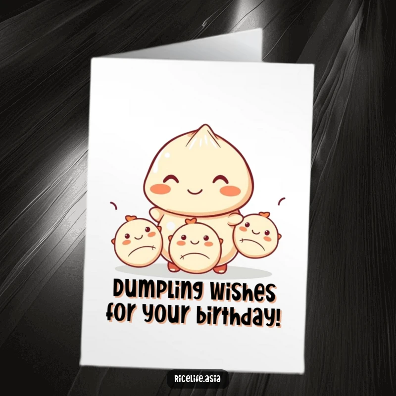 Funny Free Printable Birthday Card: Smiling dumpling skillfully juggling three smaller dumplings, full of fun.