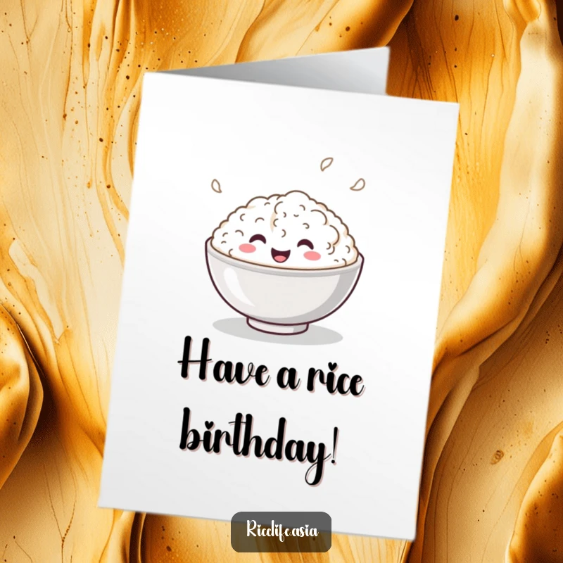 Funny Free Printable Birthday Card: A smiling bowl of rice gleefully bouncing, full of birthday energy, instant download.