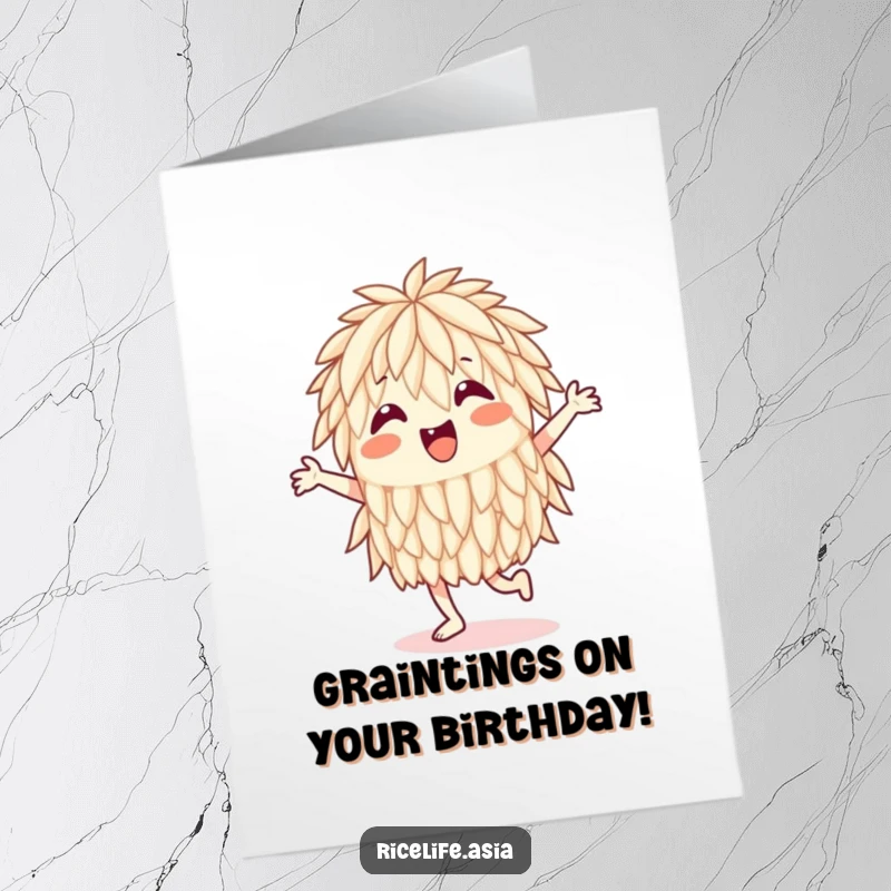 Funny Free Printable Birthday Card: A cheerful rice grain doing a joyful jig, spreading birthday cheer, instant download.