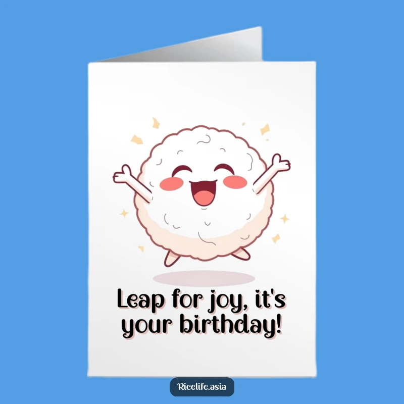Free Printable Birthday Card: Joyful Rice Ball Leap - Fun Downloadable Gift