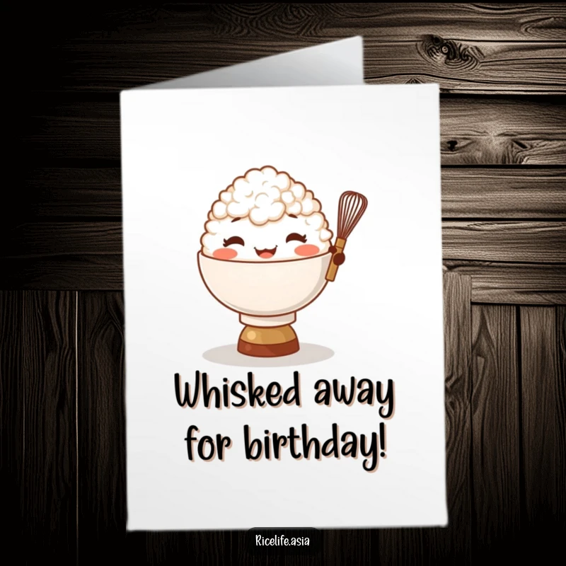 Funny Free Printable Birthday Card featuring a giggling bowl of rice character balancing a tiny whisk, a unique DIY card.
