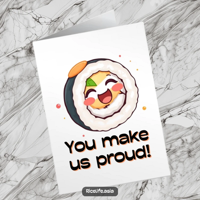 Funny Free Printable Congratulations Card: A delighted sushi roll spinning energetically, celebrating an achievement, easy to print.
