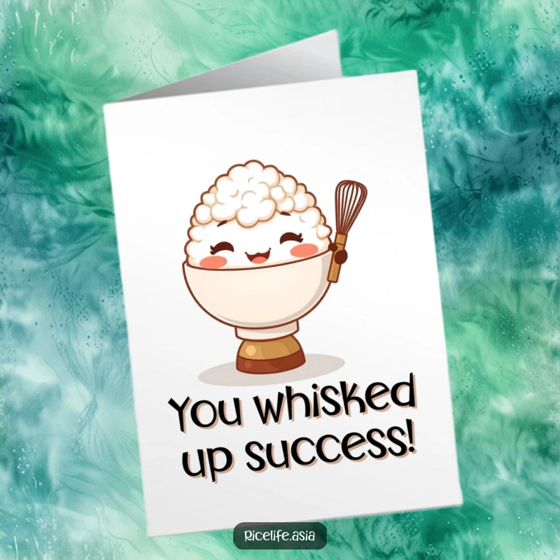 Funny Free Printable Congratulations Card with a giggling rice bowl character balancing a whisk, a fun downloadable message.