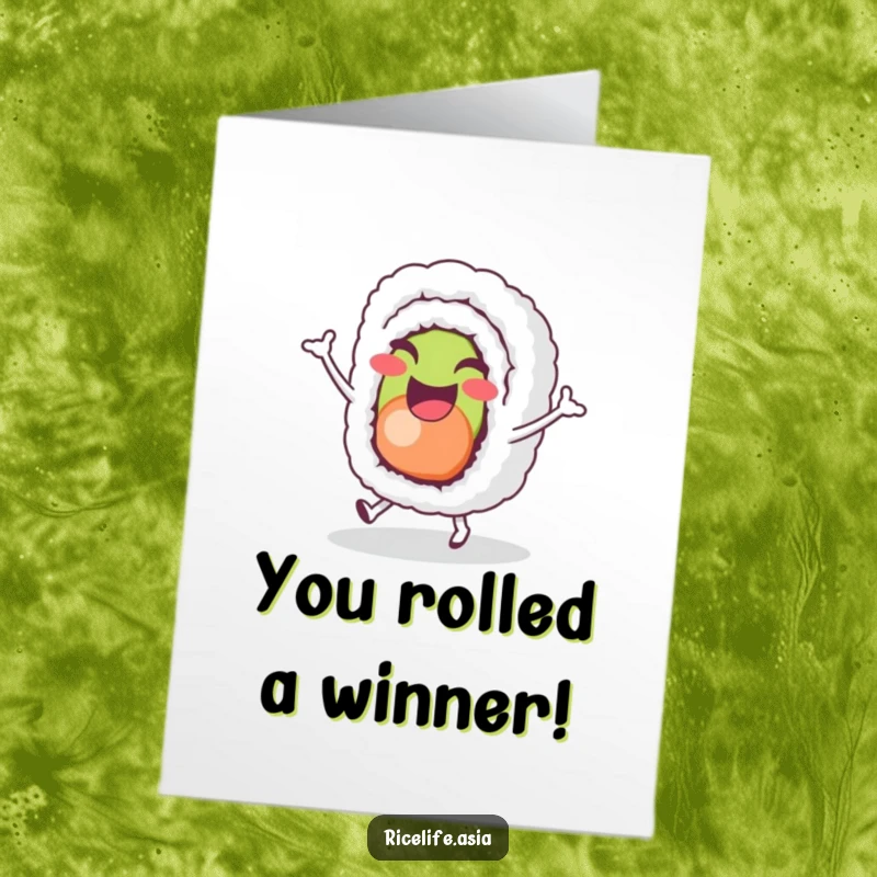 Funny Free Printable Congratulations Card with a happy sushi roll character doing a joyful hop, a fun downloadable message.
