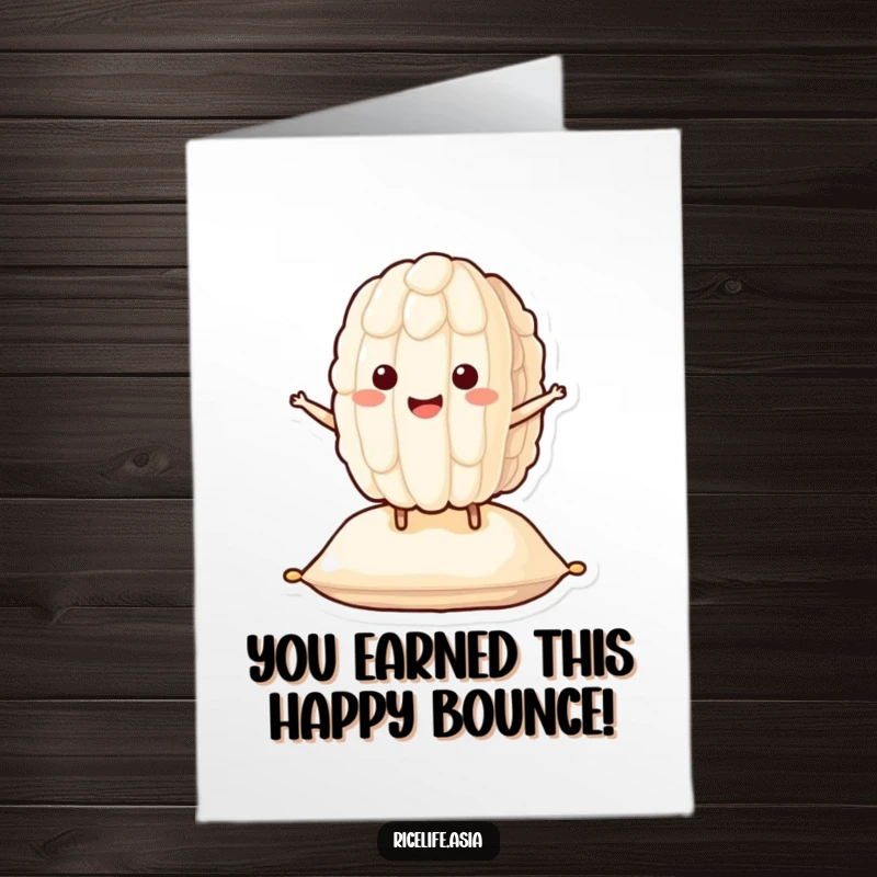 Funny Free Printable Congratulations Card with a happy rice grain bouncing on a cushion, a fun downloadable message.