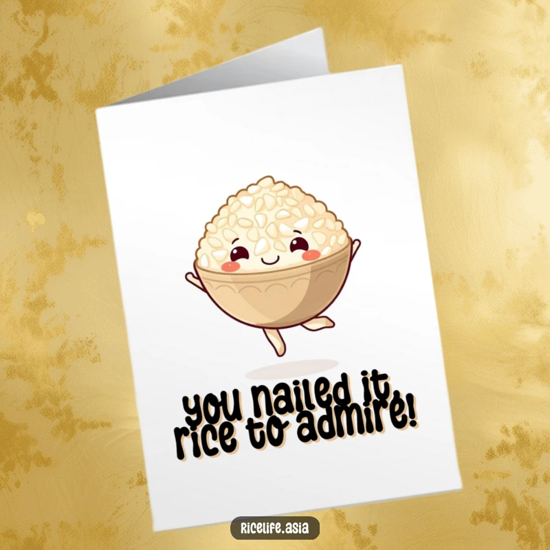 Funny Free Printable Congratulations Card: A bowl of rice happily pirouetting, celebrating success. Hilarious downloadable art.