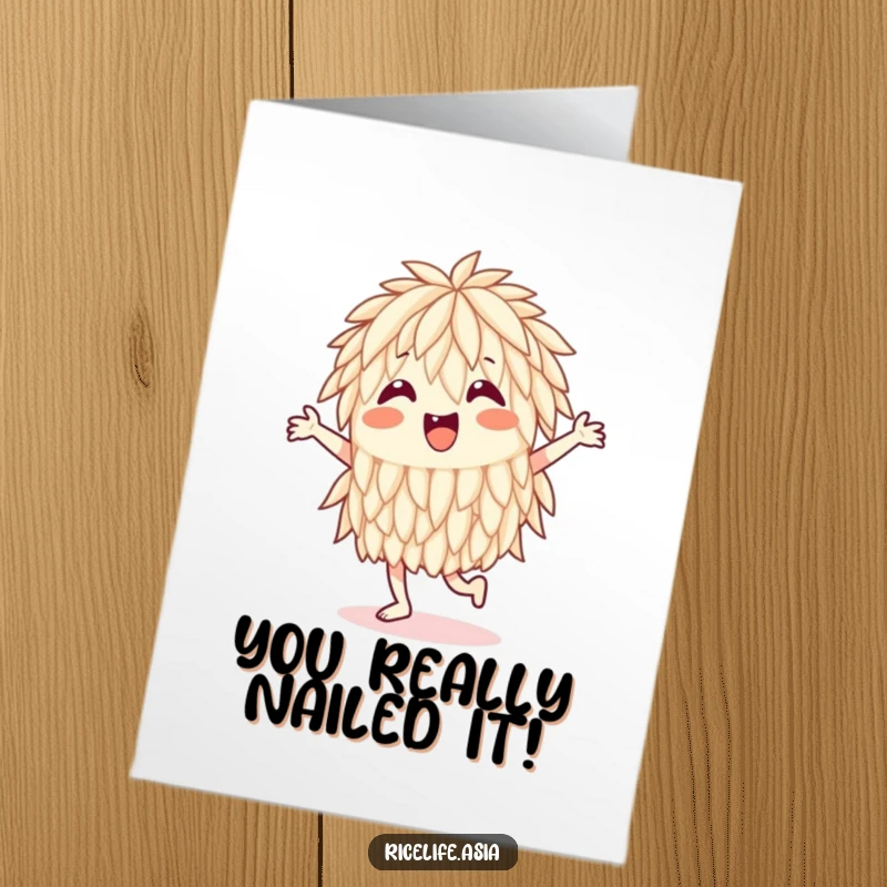 Funny Free Printable Congratulations Card: A happy rice grain performing a joyful jig, celebrating an achievement, easy download.