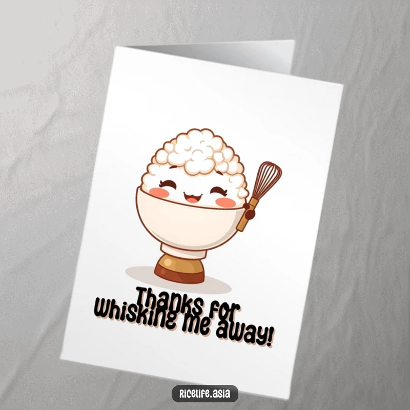 Funny Free Printable Thank You Card of a giggling bowl of rice character balancing a tiny whisk, a cute DIY gift.