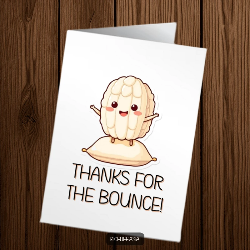 Funny Free Printable Thank You Card of a smiling rice grain character happily bouncing on a cushion, a cute DIY gift.