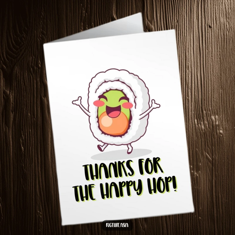 Funny Free Printable Thank You Card of a cheerful sushi roll character hopping, a delightful DIY thank you.