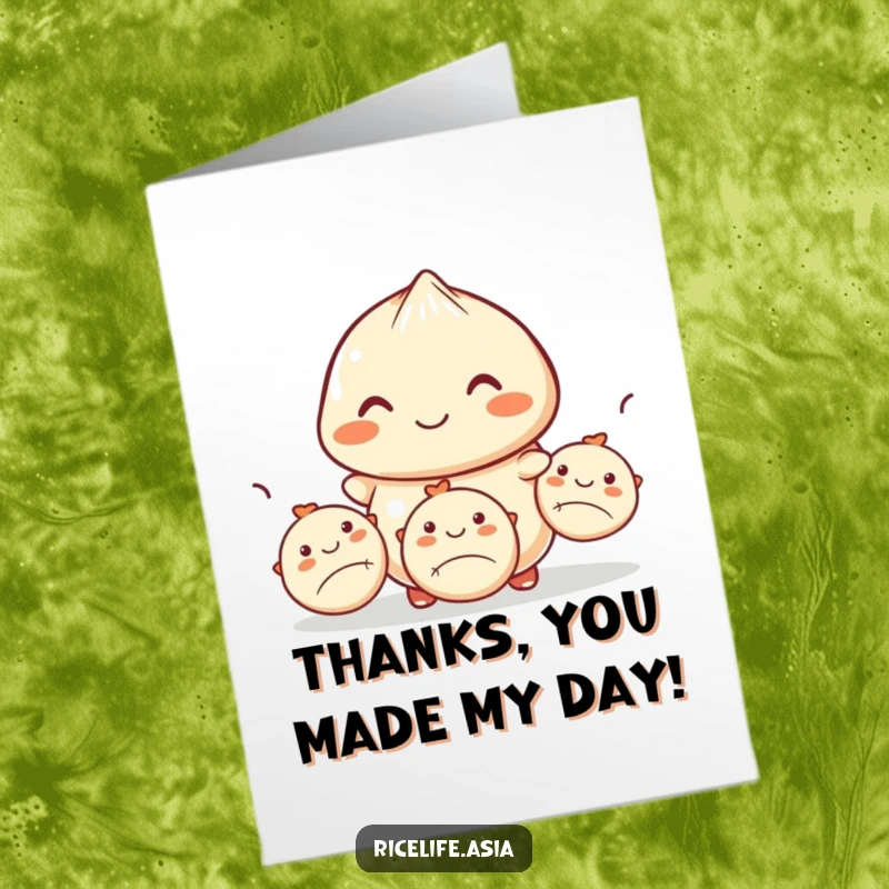Funny Free Printable Thank You Card: Smiling dumpling skillfully juggling three smaller dumplings, expressing thanks.