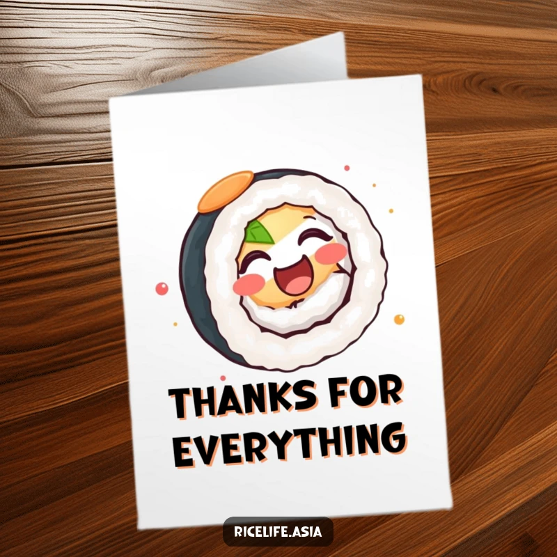 Funny Free Printable Thank You Card: A happy sushi roll spinning with glee, expressing thanks in a playful way, DIY gift.