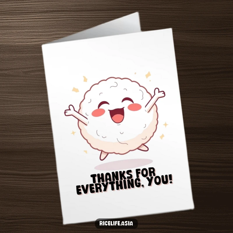 Funny Free Printable Thank You Card: Cheerful rice ball captured mid-leap with pure joy, expressing thanks.