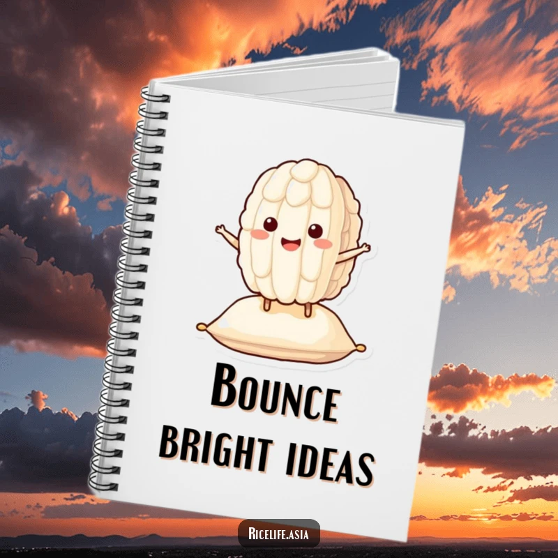 Funny Bouncing Rice Notebook: A smiling grain of rice character happily bounces on a cushion, perfect for jotting down funny thoughts.