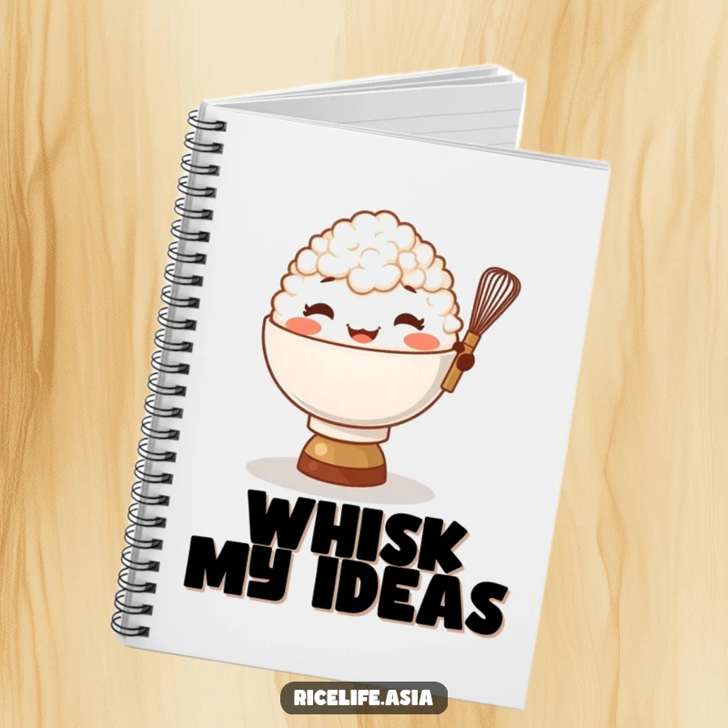 Funny Rice Bowl Whisk Notebook: A giggling bowl of rice character balances a tiny whisk, perfect for jotting down funny cooking thoughts.