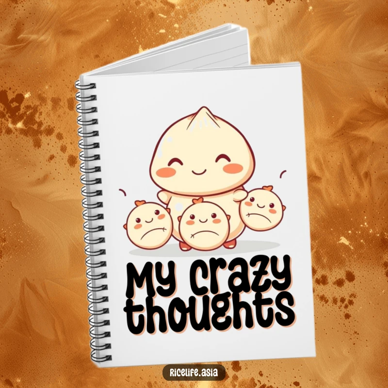 Funny notebook cover with a smiling dumpling expertly juggling three smaller dumplings, perfect for jotting down notes with great culinary humor.