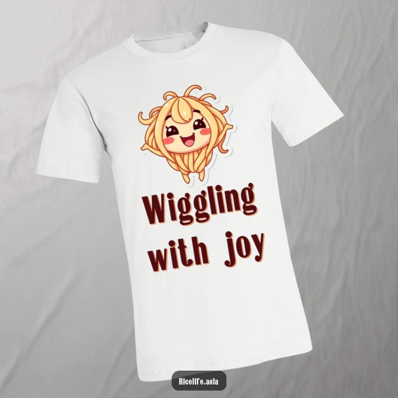Funny t-shirt showcasing a smiling noodle character wiggling energetically, capturing a moment of pure glee.