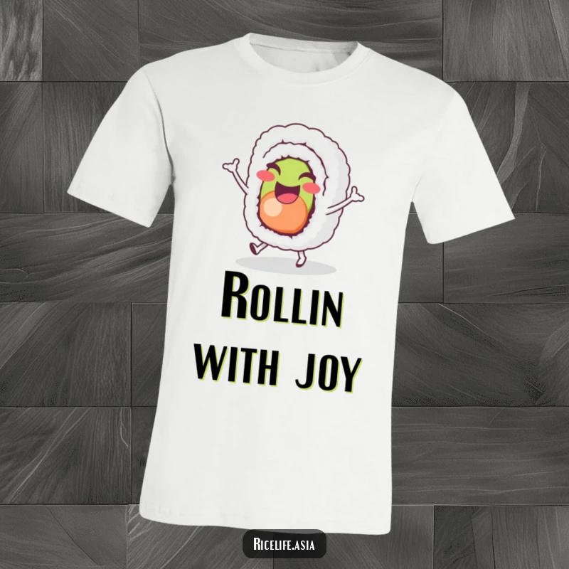 Funny Sushi Hop T-Shirt: A cheerful sushi roll character joyfully does a tiny hop, a whimsical design for a funny gift.