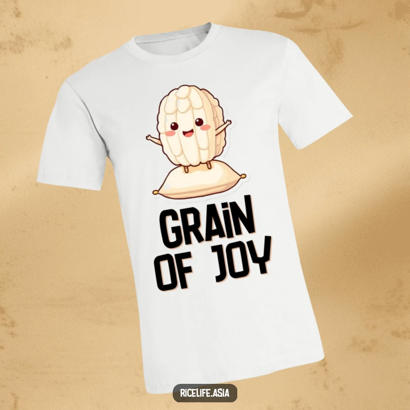 Funny Bouncing Rice T-Shirt: A smiling grain of rice character happily bounces on a soft cushion, a cheerful design for a funny gift.
