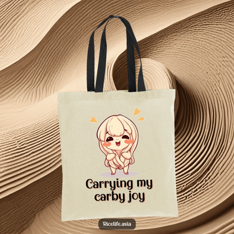 Funny tote bag printed with a cheerful, giggling cartoon noodle doing a playful wiggle, perfect for grocery runs.