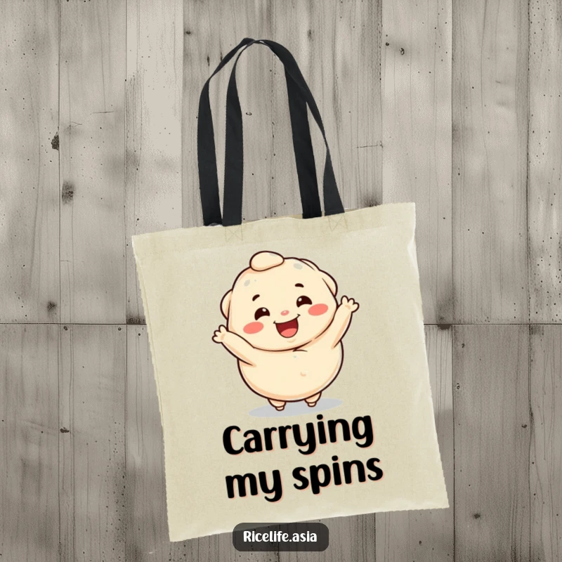 Funny tote bag featuring a happy dumpling character doing a playful spin, ideal for carrying essentials with a smile.