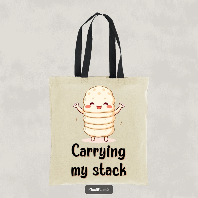 Funny Tote Bag: A delightful tote featuring a stack of cheerful rice cakes wobbling joyfully, perfect for carrying your essentials.