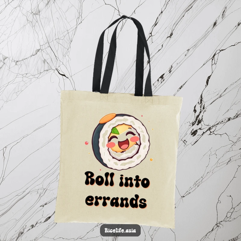Funny Tote Bag: A delightful tote featuring a joyful sushi roll spinning energetically, perfect for carrying your essentials with style.