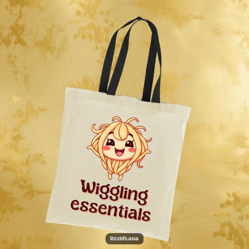 Funny tote bag featuring a smiling noodle character wiggling with excitement, ideal for carrying essentials with a smile.